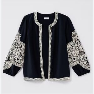 J. Jill Dark Blue Blouse with White Embroidery